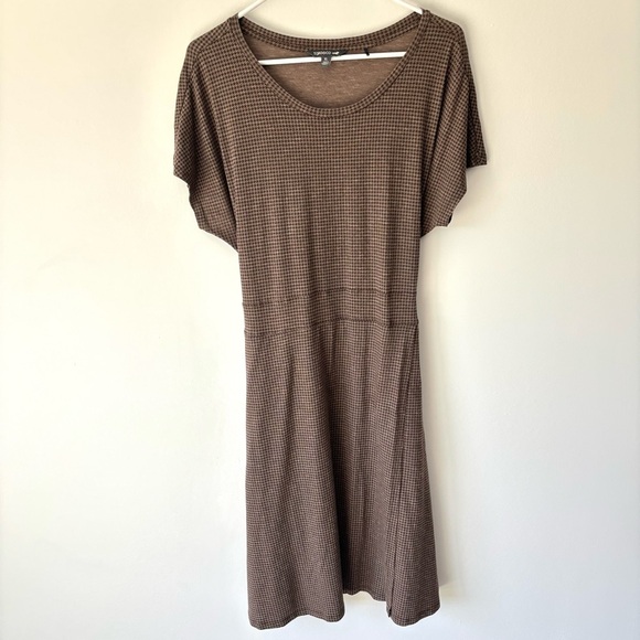 Toad&Co Brown Houndstooth Mini Wrap Dress Short Sleeve Scoop Neck Tie Waist - Picture 1 of 12